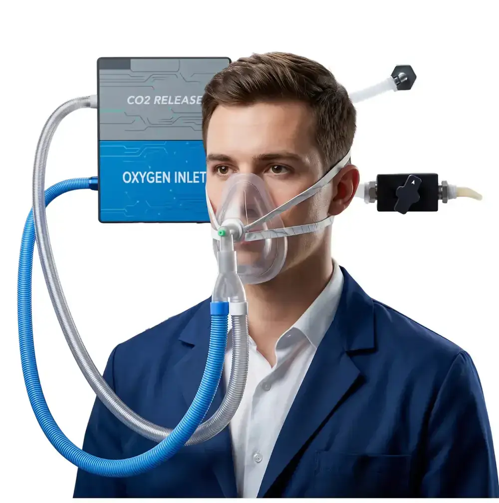 Lightweight high-flow BIBS oxygen delivery system — a user wearing a facemask connected to oxygen inlet and O2 release modules with dual-compatible tubing