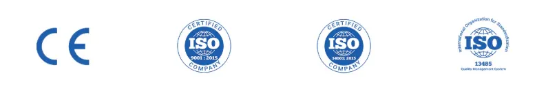 Certification marks — CE, ISO 9001:2015, ISO 14001:2015, and ISO 13485 Quality Management System