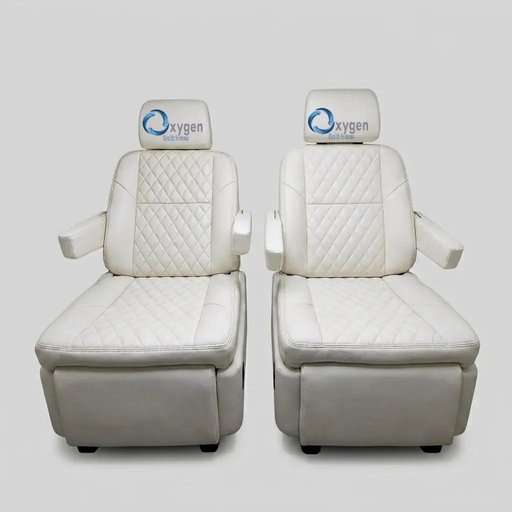 Premium business-inspired fully adjustable comfort seating in cream — two quilted ivory leather captain's chairs with diamond stitching, integrated headrests, and padded armrests