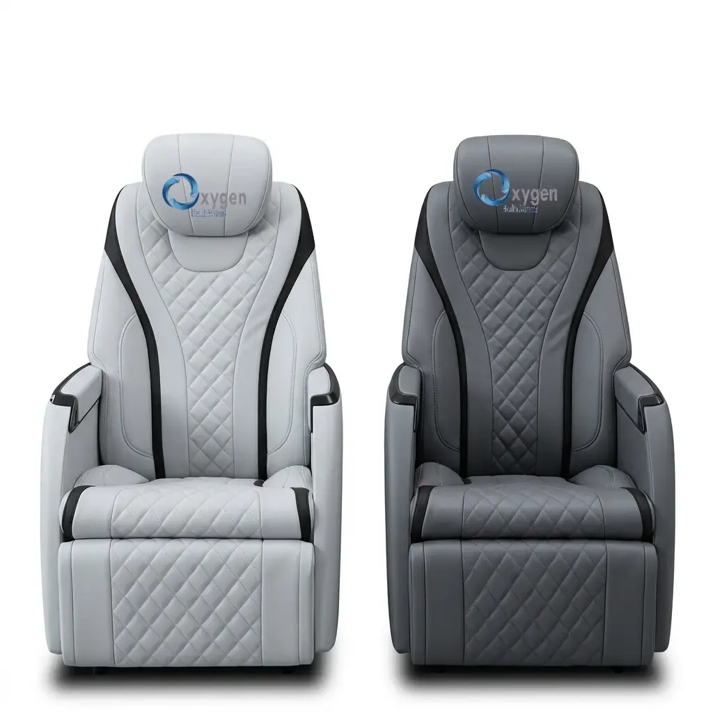 Premium business-inspired fully adjustable comfort seating in gray — two quilted leather captain's chairs in light gray and dark gray with integrated headrests and padded armrests