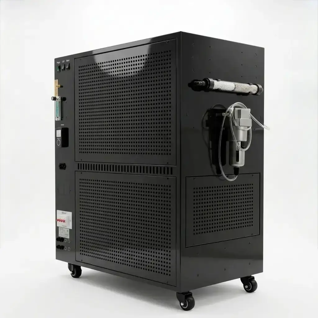 Dual all-in-one smart controller unit — glossy black floor cabinet on casters with control panel, oxygen concentrator, filter, and tubing