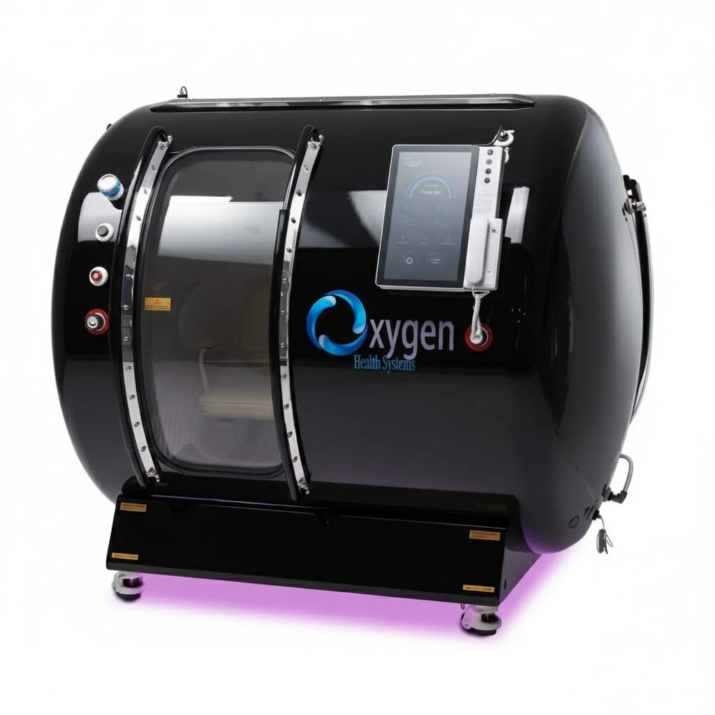 M5500 hyperbaric oxygen chamber in a glossy black finish with chrome handles and touchscreen control panel