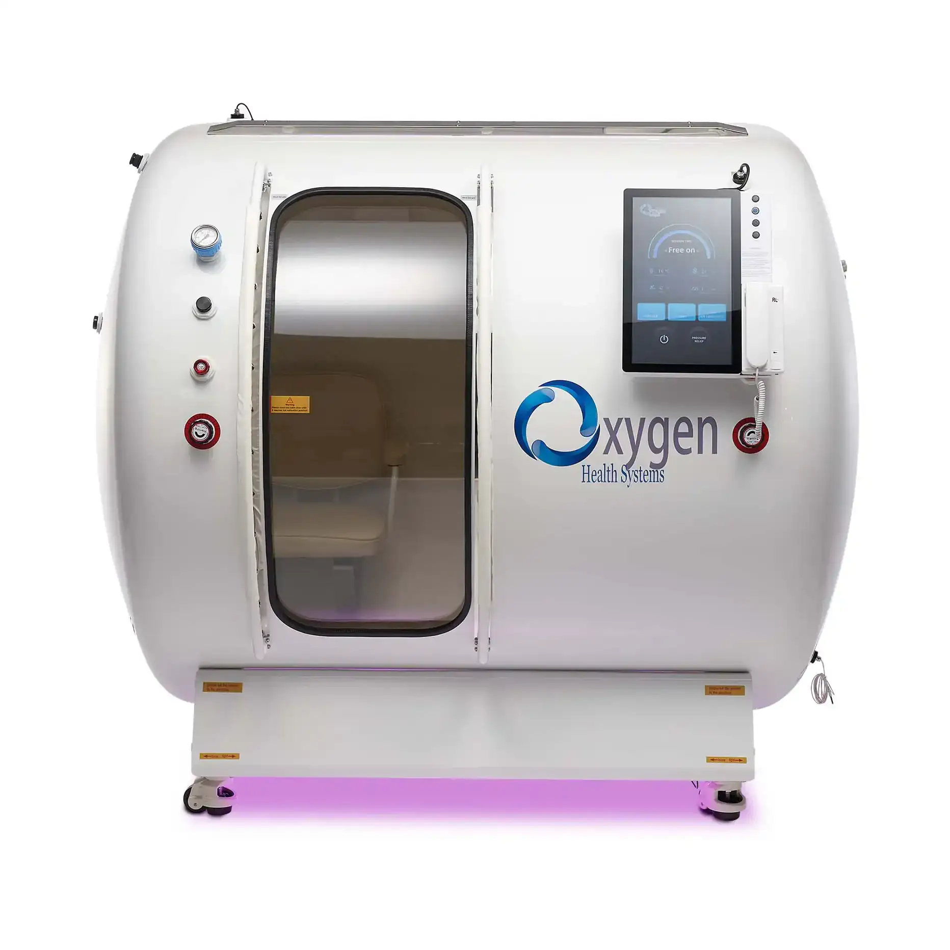 Front view of the M5500 hyperbaric oxygen chamber in white with a large tinted viewing window