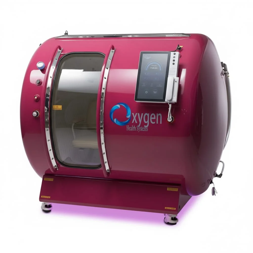 M5500 hyperbaric oxygen chamber in a magenta burgundy finish with chrome handles and touchscreen control panel