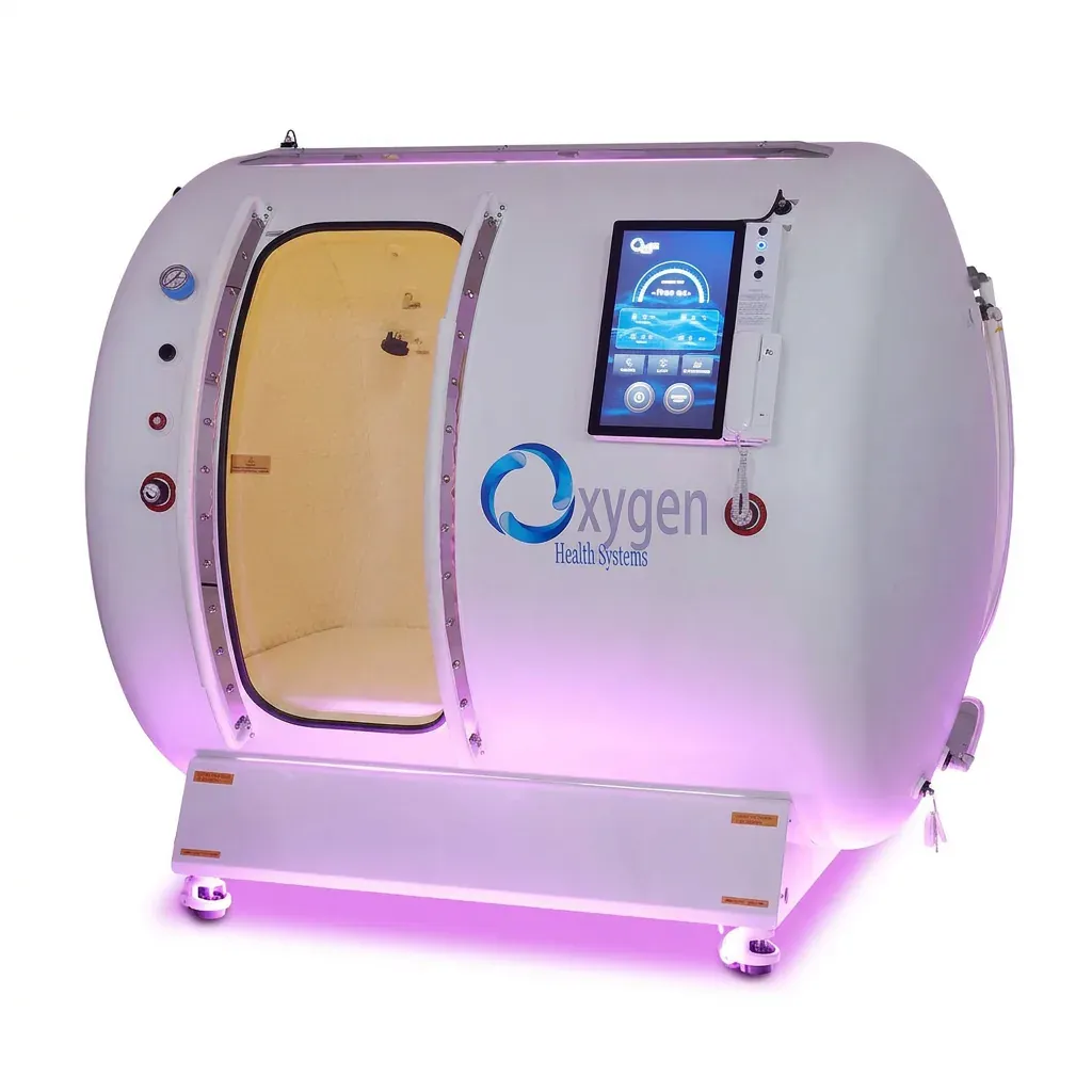 M5500 hyperbaric oxygen chamber in a matte white finish with the sliding door open, revealing a tan quilted interior, purple accent lighting, and touchscreen control panel