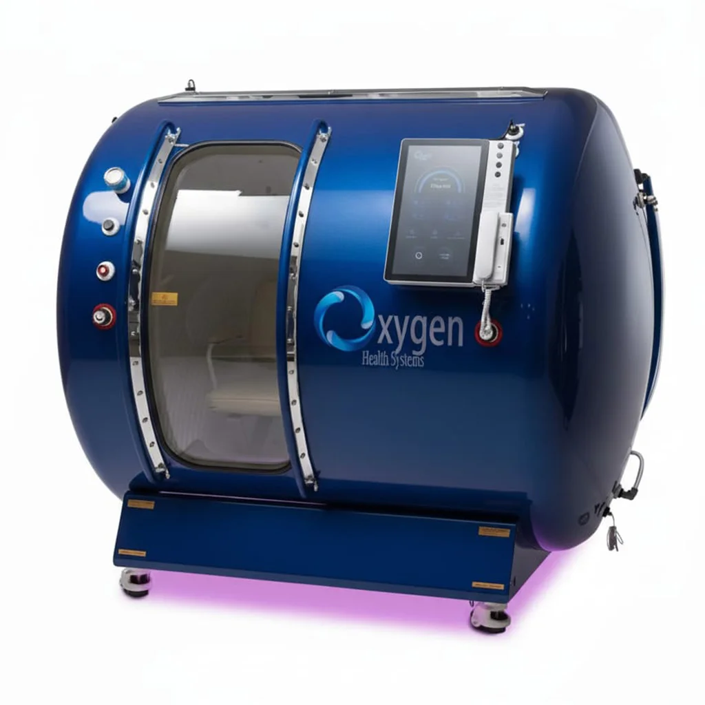 M5500 hyperbaric oxygen chamber in a deep navy blue finish with chrome handles and touchscreen control panel