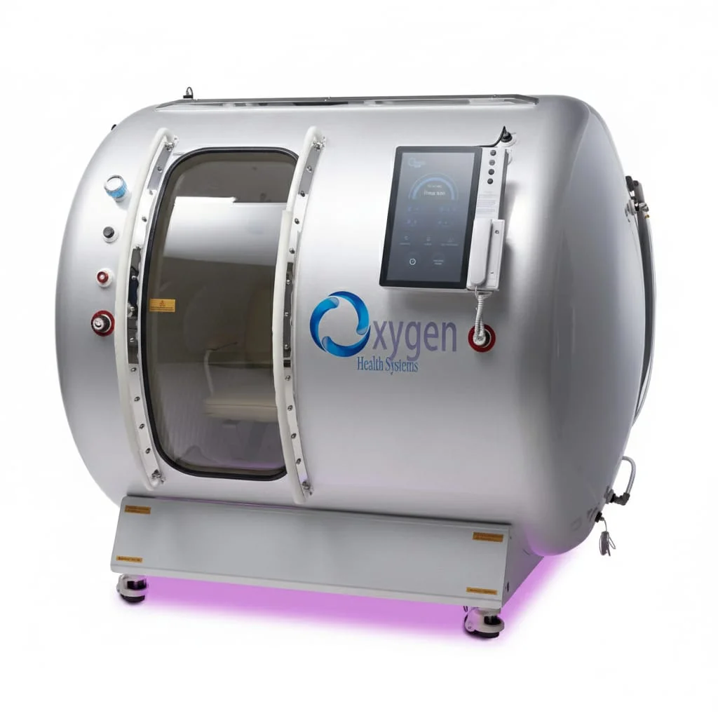 M5500 hyperbaric oxygen chamber in a silver chrome finish with pink accent lighting and touchscreen control panel