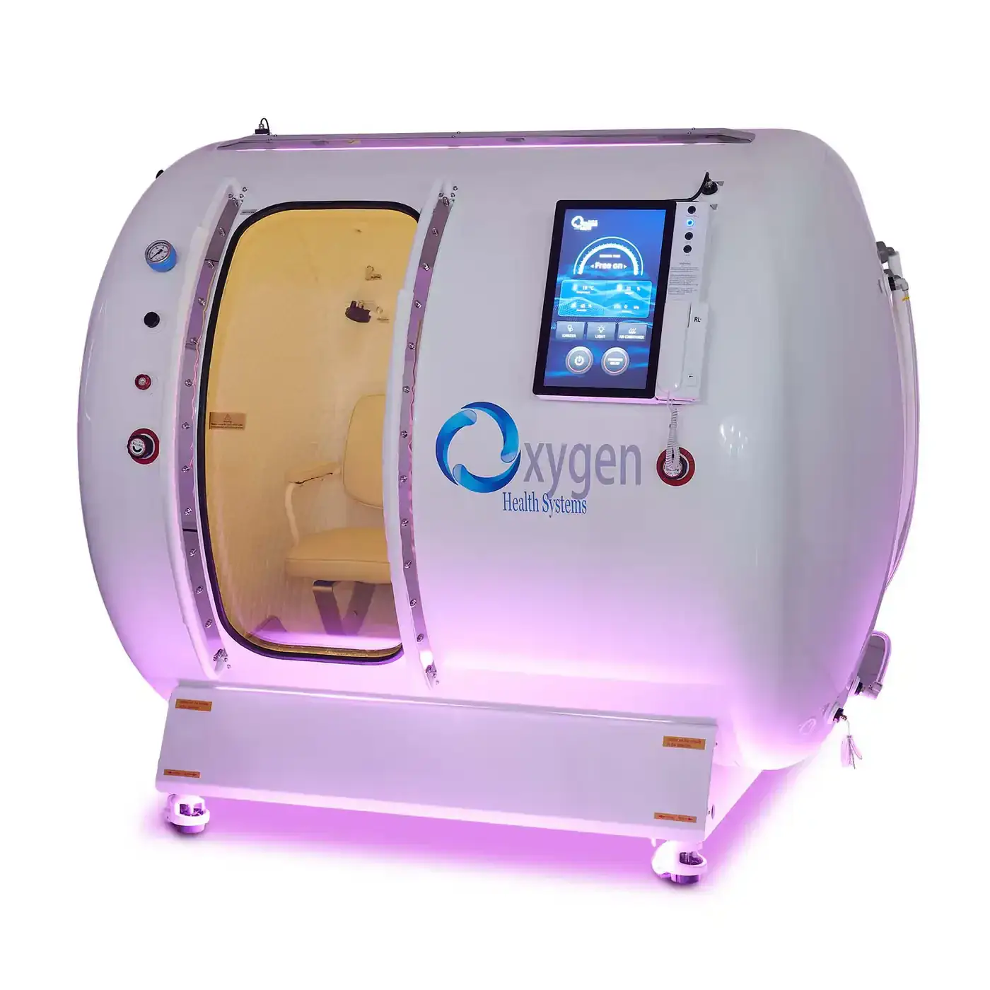M5500 hyperbaric oxygen chamber in white with the sliding door open, revealing a tan cushioned interior seat