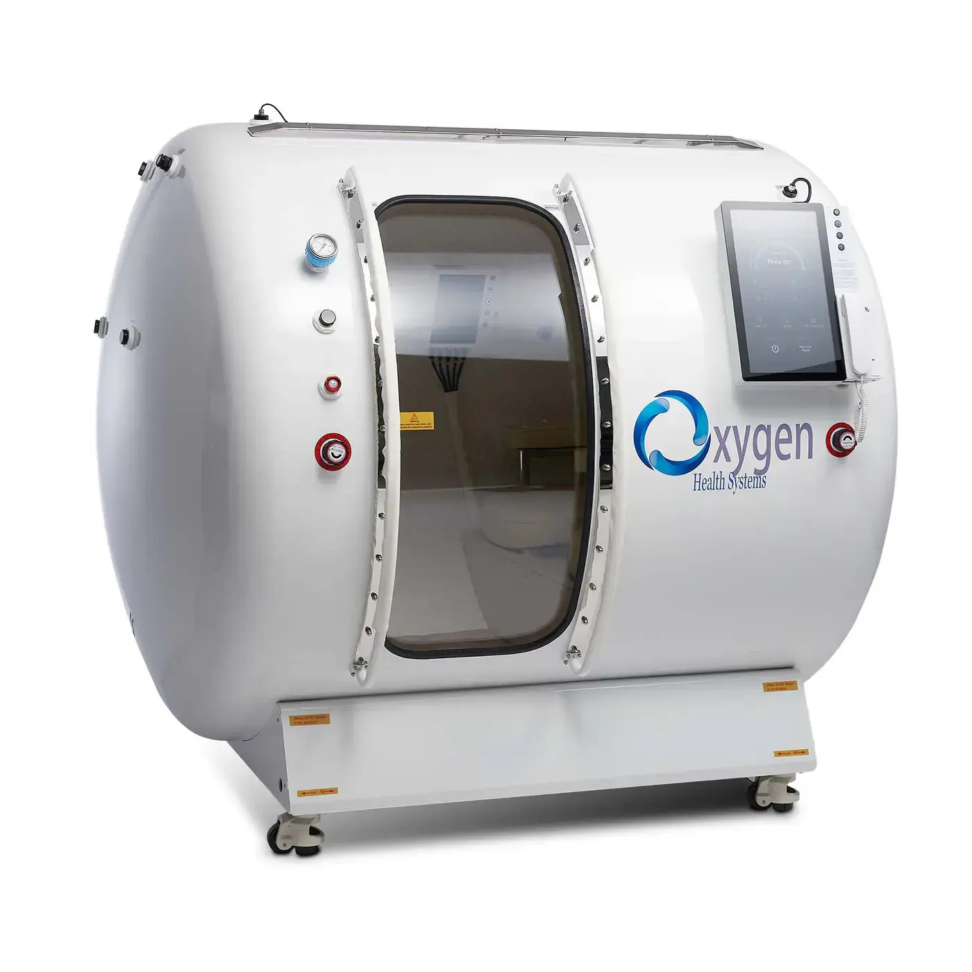 M5500 hyperbaric oxygen chamber in white with a closed tinted viewing window, shown at an angle