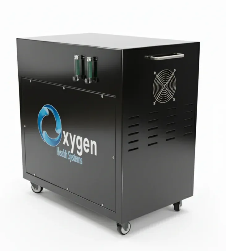 Second 20 LPM oxygen generator — black floor cabinet on casters with dual oxygen fittings, a cooling fan grille, and ventilation panels
